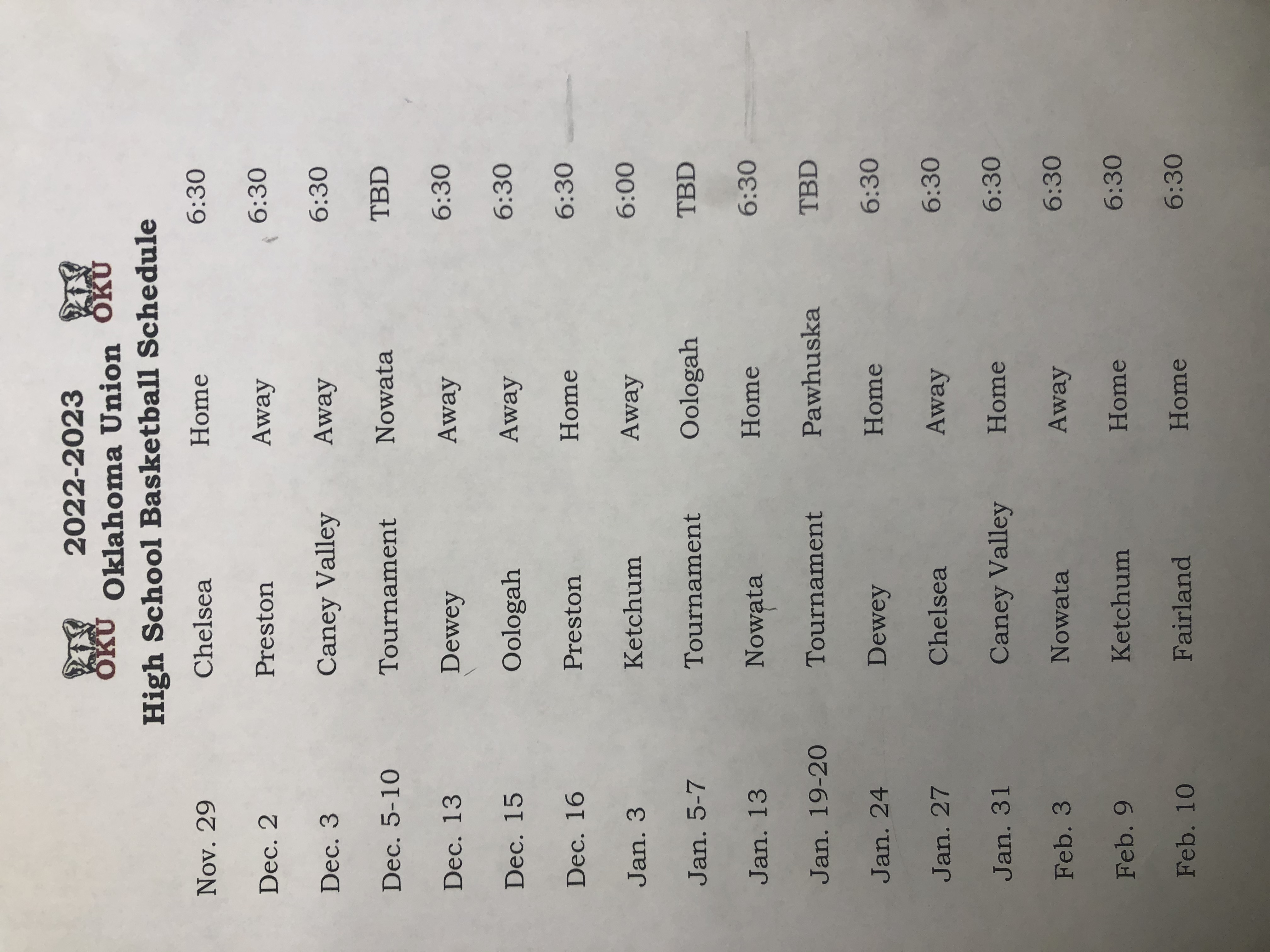 Oklahoma Union Public Schools - 2022 -2023 HS Basketball schedule